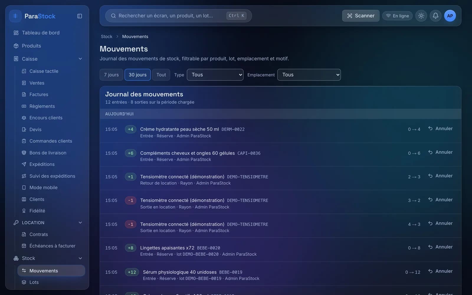Journal des mouvements de stock, en écriture seule