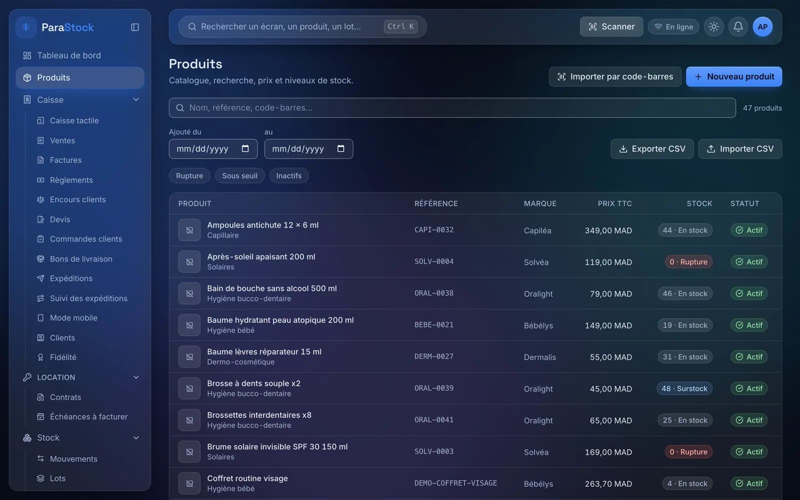 Liste des produits avec les badges Rupture, Sous seuil et Surstock