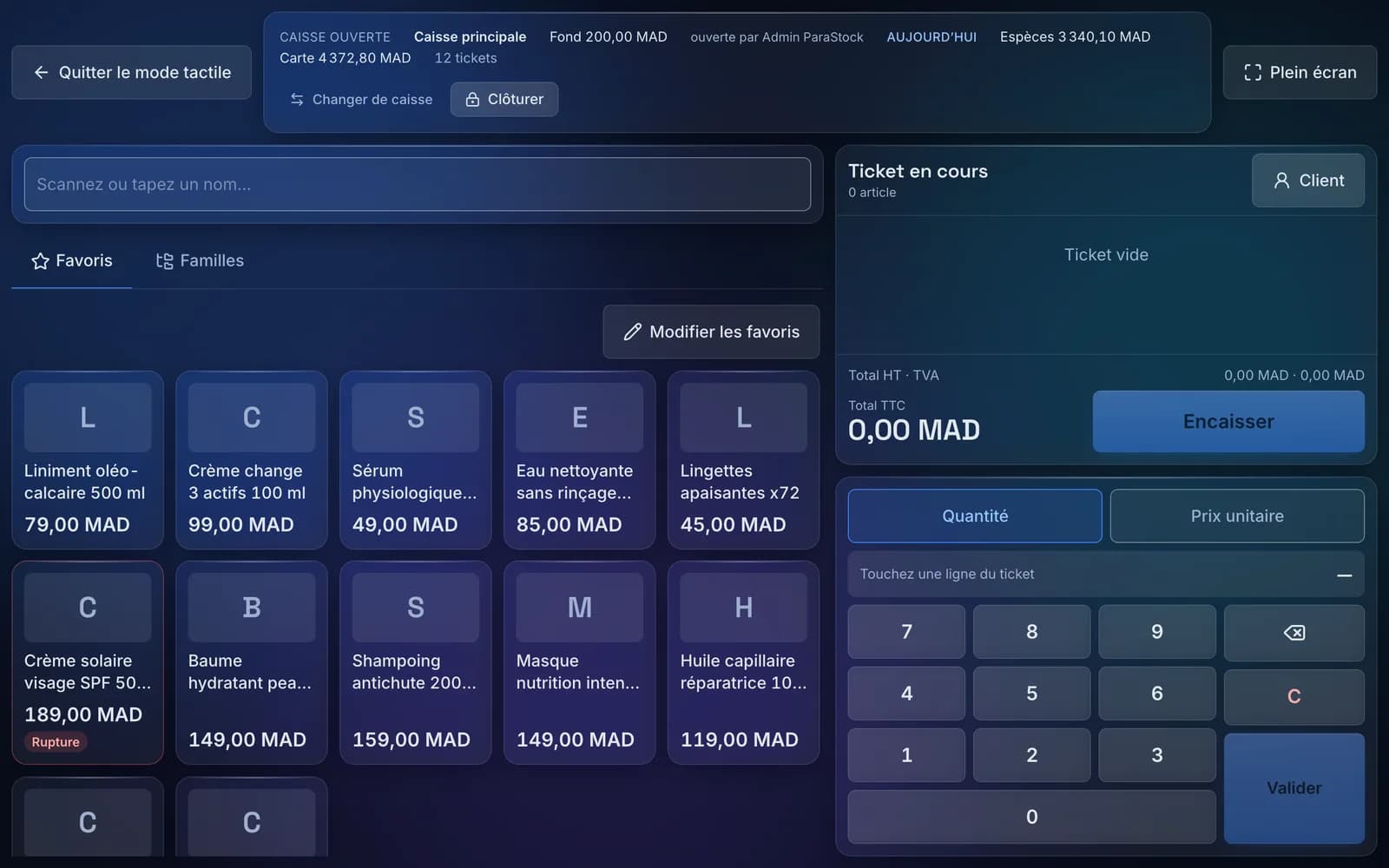 Caisse en mode tactile : grille de favoris avec les prix, ticket en cours et pavé numérique